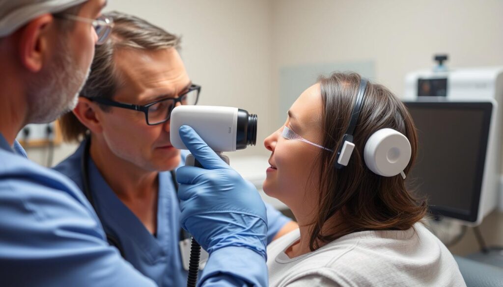 Demonstration of transcranial magnetic stimulation (TMS) being administered for dementia reversal treatment