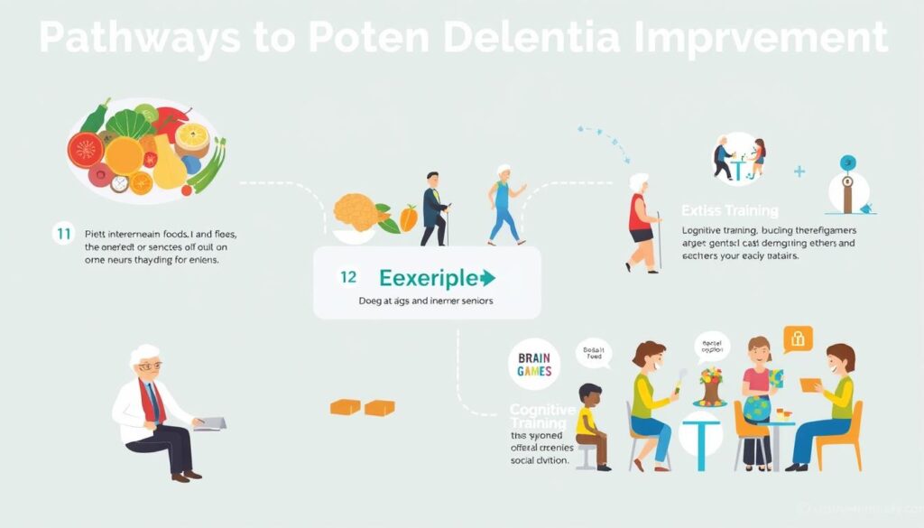 Infographic showing key lifestyle interventions for dementia reversal including diet, exercise, and cognitive training
