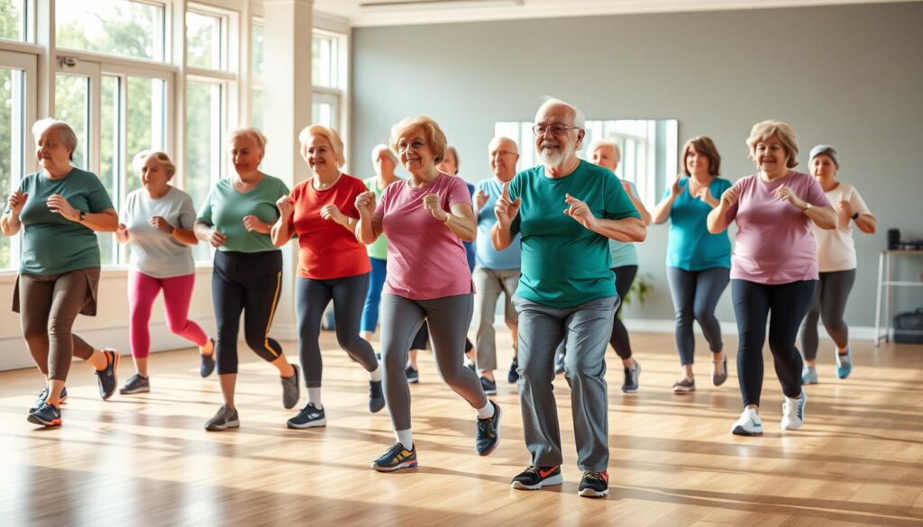 Seniors engaging in various forms of exercise beneficial for cognitive health and dementia reversal